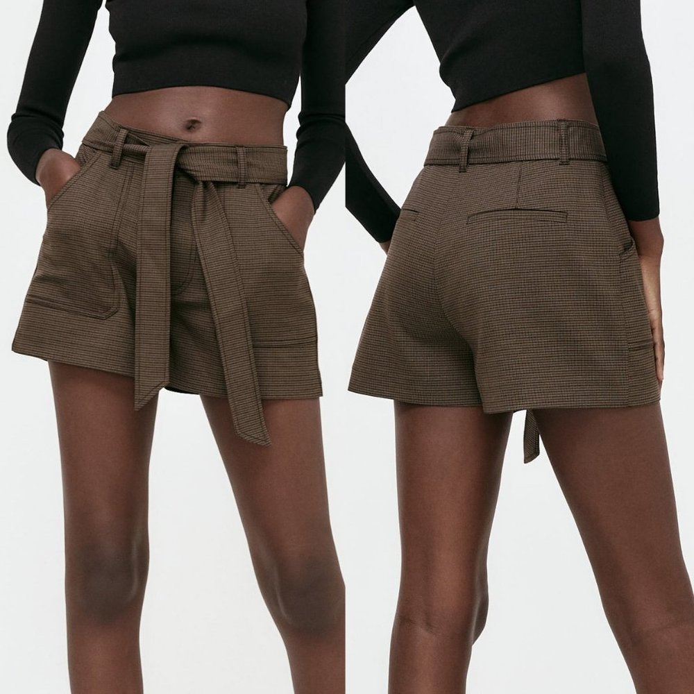 NEW Zara Houndstooth Checker Plaid High Waist Self Tie Belt Shorts Dark Brown S - Picture 5 of 10